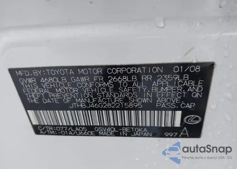 2008 Lexus Es 350 from USA, damaged, VIN JTHBJ46G282215895